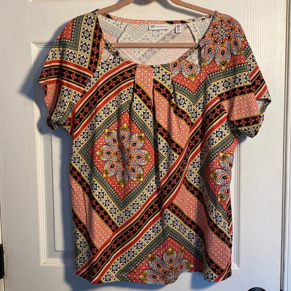 Rafaella Women’s Geometric Print Short Sleeve Blouse Top Multicolor XL